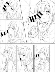 1boy blush cheek_press clenched_hands closed_eyes clothed_sex fellatio female hairband hands_on_another's_head highres line_art minase_shuu monochrome multiple_views neckerchief open_fly oral original pants parted_lips penis penis_on_face penis_over_one_eye school_uniform serafuku straight sweat sweater veins veiny_penis