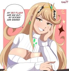 1girls absurd_res absurd_resolution absurdres accessory big_breasts blonde_hair breast_focus breast_window breasts breasts_focus busty cleavage_cutout cleavage_window curvaceous curvy curvy_female curvy_figure dialogue earring earrings english_text female female_focus female_only hi_res high_resolution highres huge_breasts jewelry karbuitt large_breasts light-skinned_female light_skin long_hair monolith_soft mythra nintendo simple_background smile smiling solo solo_female solo_focus speech_bubble sweater swept_bangs tagme text tiara turtleneck turtleneck_sweater voluptuous voluptuous_female xenoblade_(series) xenoblade_chronicles_2 yellow_eyes