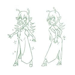 1:1_aspect_ratio 2017 alien antennae_(anatomy) ass bovid breasts bue bue_(character) caprine clothing dress emoji_(race) emoji_alien_(samurai_jack) eyelashes fangs female footwear green_and_white hair hands_on_hips high_heels high_resolution humanoid mammal mature mature_female monochrome plagueofgripes samurai_jack shoes simple_background smile solo sparkle white_background