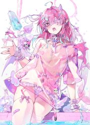 2d ahoge artist_request blue_hair breasts choker devil earrings femboy footwear heart horns huge_thighs nails navel oc original_character pink pink_eyes pink_hair ribbon sitting small_breasts star swimsuit thighs water