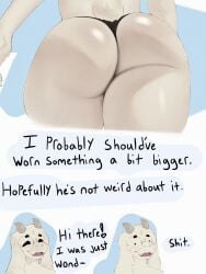 3:4 anthro ass big_butt blush bovid caprine clothed clothing darkner deltarune describing_fit dialogue english_text eyewear femboy fur glasses goat hi_res horn male mammal mostly_nude neeno profanity ralsei rear_view round_glasses scut_tail short_tail skimpy solo speedo speedo_only swimwear tail text thick_thighs topless undersized_clothing undertale_(series) white_body white_fur