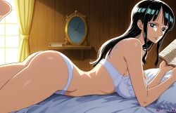 1girls ai_generated ass ass_focus bed bedroom big_breasts black-haired_female black_hair blue_eyes book bra broken_mirror darkuro_27 female female_only hourglass_figure laying_on_bed laying_on_stomach lingerie lingerie_only long_hair looking_at_viewer mirror nico_robin on_bed one_piece panties pillow pre_timeskip reading reading_book round_ass white_lingerie