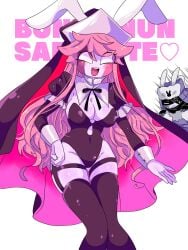 1boy 1girls big_breasts breasts bunny_ears bunny_girl bunnysuit female footwear friday_night_funkin friday_night_funkin_mod hat heart huge_breasts huge_thighs long_hair male mid-fight_masses mid-fight_masses_(fnf_mod) mid_fight_masses midfight_masses pink_hair pink_skin rabbit_ears rabbit_girl ribbon ruv_(dokki.doodlez) sarvente_(dokki.doodlez) sarvente_(friday_night_funkin) text thighs white_eyes