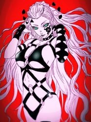 alternate_costume choker daki_(kimetsu_no_yaiba) demon_girl demon_slayer facial_mark female female_only green_eyes hair_ornament kaijin_hime_do-s_(cosplay) kimetsu_no_yaiba large_breasts leather_straps lingerie long_hair oiran red_background solo spiked_collar underboob very_long_hair white_hair