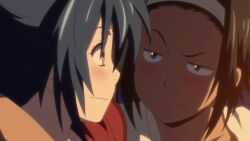 16:9_aspect_ratio 2girls animated black_hair blue_hair blush bodily_fluids breast_squeeze breasts cleavage clothing dark-skinned_female dark_skin extremely_large_filesize female fhd groping hazel_eyes hd hd_(traditional) high_resolution hoods_entertainment huge_breasts kimono large_filesize manyuu_chifusa manyuu_hikenchou multiple_girls oiso robe screen_capture shirt surprised sweat takagi_jun tied_shirt traditional_clothes wafuku yellow_eyes yukata yuri