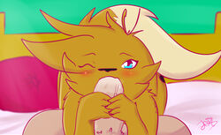 anthro blue_eyes blush eevee fellatio girly in_room jonas_sevilla joy_(jonas_sevilla) looking_at_viewer male mammal nintendo one_eye_closed oral penis pokemon pokemon_(species) sex video_games