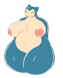 anthro anthrofied areolae averyshadydolphin big_areola breasts closed_eyes eyelashes female hands_behind_back huge_breasts large_breasts navel nintendo nipples nude overweight pokemon pokemorph simple_background slightly_chubby smile snorlax solo thick_thighs white_background wide_hips