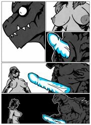 animal_genitalia anthro arm_wraps attack_of_the_50_foot_woman becoming_erect big_penis black_and_white_and_blue breasts comic desertdragon94 duo evil_grin female genital_slit genitals godzilla godzilla_(series) hi_res human imminent_sex kaiju macro male male/female mammal nude penis scalie shocked smile toho wraps