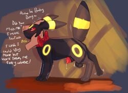 ambiguous_gender animal_genitalia animal_penis aroused balls blush bodily_fluids bow_ribbon canine_genitalia canine_penis dialogue duo eeveelution feral generation_2_pokemon genital_fluids genitals hi_res love male male/ambiguous nintendo offscreen_character penis penis_poking_out petting pokemon pokemon_(species) praise precum red_eyes tail umbreon xxbrewbeastxx