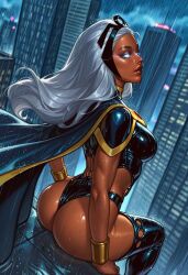 ai_generated ass ass_focus city cityscape dark-skinned_female from_behind glowing_eyes marvel marvel_comics rain raining sitting storm_(x-men) troythekid white_hair