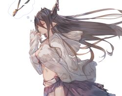 ahoge bandaged_arm bandages bangs bare_shoulders bikini bikini_bottom black_hair breasts clothing danua danua_(summer)_(granblue_fantasy) draph_race_(granblue_fantasy) ear female finger_sucking front-tie_top granblue_fantasy hair_between_eyes halterneck high_resolution hooded horn_ornament horns jacket jewelry large_breasts long_hair lowleg lowleg_bikini navel necklace pointed_ears red_eyes side-tie_bikini side-tie_bikini_bottom side-tie_clothing side-tie_swimsuit simple_background solo string_bikini swimsuit tota_(sizukurubiks) very_long_hair white_background white_bikini white_swimsuit