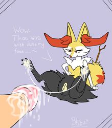 2016 3_toes animal_genitalia animal_pussy braixen canine_pussy claws cum cum_on_feet digitigrade english_text eyelashes female feral foot_fetish footjob fur geezabeeza hi_res hindpaw human interspecies mammal nintendo orange_eyes pawpads paws penis pokémon_(species) pokemon pokemon_(species) purple_background pussy simple_background text toes video_games watermark