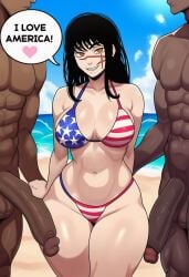 1girls ai_generated american_flag american_flag_bikini black_hair chainsaw_man dark-skinned_male demon demon_girl devil devil_girl female heroine interracial japanese_female light-skinned_female male mitaka_asa ringed_eyes scar scar_on_face spiral_eyes straight yoru_(chainsaw_man)
