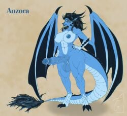 abs anthro aozora_(aozorart) aozorart areolae balls barbed_penis big_breasts big_penis black_hair blue_areola blue_body blue_nipples blue_penis blue_skin breasts claws dragon furry_only futanari hair horn horns huge_breasts huge_cock intersex looking_at_viewer muscular muscular_anthro muscular_futa muscular_intersex muscular_thighs mythological_creature mythological_scalie mythology non-mammal_balls non-mammal_breasts non-mammal_nipples penis purple_eyes scales scalie solo solo_futa tagme tentacle tentacles thick_thighs wide_hips wings