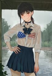 1girls ai_generated american_flag_bikini black_hair chainsaw_man cheating cheating_girlfriend choker dark-skinned_male demon demon_girl devil devil_girl female heroine interracial japanese_female light-skinned_female male mitaka_asa qos queen_of_spades queen_of_spades_symbol ringed_eyes scar scar_on_face school_uniform schoolgirl see-through_clothing spiral_eyes straight wet_clothes yoru_(chainsaw_man)