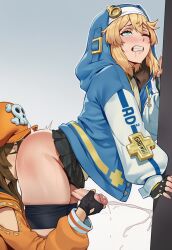 androgynous anilingus bending_forward bending_over bridget crossdressing erect_penis erection feminine_male guilty_gear hetero licking licking_anus licking_ass long_hair masturbation may_(guilty_gear) oral oral_sex pants_down straight younger_female younger_male