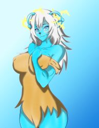 2017 alien antennae_(anatomy) anthro bare_shoulders blue_body blue_fur breasts bue bue_(character) canine clothing dress electricity emoji_(race) emoji_alien_(samurai_jack) eyebrows eyelashes female fur hair hand_on_chest krempoolz_(artist) large_breasts long_hair looking_at_viewer mammal mature mature_anthro mature_female nipple_outline samurai_jack smile solo torn_clothes white_hair wide_hips
