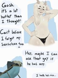 3:4 anthro billy_brocas blep blush bovid bulge caprine clothed clothing deltarune dialogue duo english_text eyewear femboy front_view fur glasses goat grey_body grey_fur hand_behind_head hand_on_hip hi_res horn ibex male mammal navel neeno ralsei reclining round_glasses speedo speedo_only standing swimwear text tongue tongue_out topless undertale_(series) white_body white_fur wide_hips