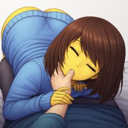 ai_generated ass ass_up bed big_ass bottomless bubble_butt curvy curvy_ass curvy_figure curvy_hips cute femboy finger_in_mouth frisk girly girly_boy hand_on_cheek hand_on_head hand_on_mouth huge_ass lap laying_on_person male on_lap pov smile stroking sucking_finger thumb_in_mouth undertale wide_hips