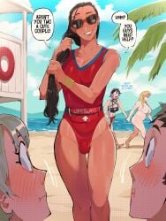 1boy 1girls 1nonbinary background_characters beach black_hair blush blushing_female blushing_male both_sexes_in_same_situation bulge bulge_through_clothing bulge_under_clothes diforland female lifeguard lifeguard_swimsuit long_hair male nonbinary penis_bulge solo_focus sunglasses swimsuit tagme