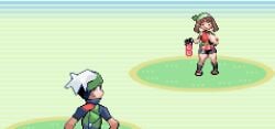 animated big_breasts brendan_(pokemon) brendan_(pokemon_emerald) clothed exposed_breasts inviting leftloversz may_(pokemon) may_(pokemon_emerald) one_breast_out pixel_animation pixel_art pokemon pokemon_rse teasing