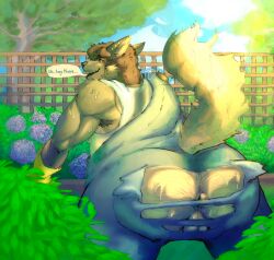 anthro anthropomorphic armpit_hair armpits ass_crack beard big_ass big_butt brown_fur brown_hair butt_focus caught_off_guard dilf earrings embarrassed facial_hair furry garden gardening garth_the_wolf gloves hairy_anus hairy_ass hairy_balls himbo leaning_forward looking_at_viewer looking_back looking_back_at_viewer male muscular_arms muscular_ass muscular_legs muscular_male musk outdoors outside overalls pbleadd presenting_hindquarters purple_eyes ripped_clothing ripped_pants solo solo_male sweat sweat_stain sweatdrop sweating sweaty sweaty_anus sweaty_armpits sweaty_ass sweaty_balls sweaty_body sweaty_butt tail text wardrobe_malfunction