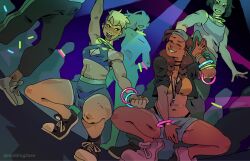 1boy 2023 2girls 2girls1boy aura_(nodding2see) bare_shoulders black_hair blonde_hair bra brown_hair bulge cleavage clothed ear_piercing female glowstick glowstick_bracelet glowstick_necklace halter_top hand_on_bulge headband male midriff midriff_baring_shirt necklace nightclub no_sex nodding2see nose_ring original rave shen_(nodding2see) shorts sneakers tank_top tongue tongue_out twintails undercut