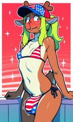 ai_generated american_flag_bikini bikini blush cap deer_girl deltarune embarrassed_nude_female furry_female futanari nervous noelle_holiday penis_bulge penis_in_anus ponytail skinny small_breasts smile