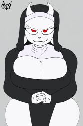 2d anthro big_ass big_breasts breast_focus cleavage furry horns looking_at_viewer lowsy_(artist) nun nun_outfit only_female praying praying_hands red_eyes signature simple_background smirk smug_face solo taller_female thick_thighs thighs toby_fox toriel twitter_link undertale white_body