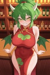 ai_generated bar big_breasts blush breasts draco_centauros dragon_girl dragon_wings female female_only green_hair hands_on_table hi_res horns indoors jtveemo_(ai_style) large_breasts looking_at_viewer open_mouth puyo_puyo puyo_puyo_fever qipao qipao_dress seaart.ai seductive seductive_look sega standing teeth wide_hips