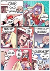 1boy 2girls 8koma bare_shoulders blue_panties blush breasts brown_eyes brown_hair comic cunnilingus female_pervert french_kiss heart-shaped_pupils jynx kissing large_breasts leaf_(pokemon) licking nintendo open_mouth panties panty_pull pokemon pokemon_frlg pokephilia poliwhirl red_skirt skirt skirt_lift skirt_lifted_by_self sleeveless sleeveless_shirt ukaya_masaru_mx underwear