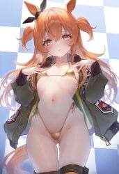 ai_generated animal_ears female fluffy_hair horse_girl long_hair mayano_top_gun_(umamusume) orange_eyes orange_hair ribbon small_bikini umamusume umamusume_pretty_derby
