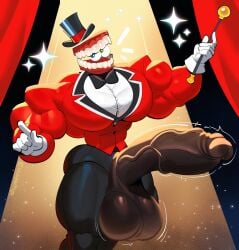 2025 absurd_res balls biceps big_balls big_muscles big_penis caine_(tadc) clothing curtains curtains_open digital_creature digital_drawing_(artwork) digital_media_(artwork) dymitr3 erection for_a_head genitals glans glitch_productions hat headgear headwear hi_res huge_balls huge_cock humanoid hyper hyper_balls hyper_genitalia hyper_penis male muscular muscular_arms muscular_humanoid muscular_legs muscular_male muscular_thighs necktie object_head pecs penis red_clothing red_suit signature small_waist solo sparkles stage_curtains standing suit the_amazing_digital_circus thick_penis tooth_creature top_hat vein veiny_penis