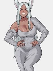 1girls 2025 absurd_res animal_ears animal_humanoid belly_button big_breasts blush breasts brown-skinned_female brown_skin busty cleavage clothed clothed_female clothing curvaceous curvy dark-skinned_female dark_skin dress fangs feet_out_of_frame female front_view fully_clothed grin hair hands_on_hips hi_res humanoid large_breasts legs_together long_dress long_hair looking_at_viewer miruko my_hero_academia navel navel_outline rabbit_ears rabbit_humanoid red_eyes shadertoons simple_background smile smiling smiling_at_viewer solo standing teeth thick_thighs thighs white_background white_dress white_hair wide_hips