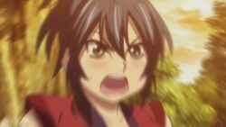 16:9_aspect_ratio angry animated blue_hair blush bodily_fluids bouncing_breasts breasts cleavage clothing extremely_large_filesize female high_resolution hoods_entertainment huge_breasts kimono large_filesize manyuu_chifusa manyuu_hikenchou robe screen_capture sweat takagi_jun traditional_clothes wafuku yellow_eyes yukata