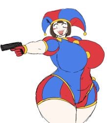 1girls 2d 2d_(artwork) aiming alternate_body_type alternate_breast_size ass ass_bigger_than_head big_breasts breasts breasts_bigger_than_head brown_hair brown_hair_female busty busty_female busty_girl curvy curvy_body curvy_female curvy_figure digital_drawing_(artwork) digital_media_(artwork) female female_focus female_only gun hips hips_wider_than_shoulders holding holding_gun holding_object holding_weapon hourglass_figure hourglass_figured_female huge_breasts insane insane_eyes jester jester_costume jester_girl jester_hat jester_outfit large_breasts mature mature_woman momiji_(artist) momijizx pistol pomni_(the_amazing_digital_circus) simple_background smile smiling solo solo_female solo_focus the_amazing_digital_circus thick_thighs thighs thighs_bigger_than_head upper_body white_background white_skin wide_hips