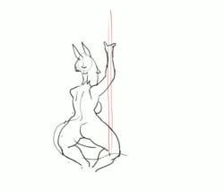 2016 animated anthro ass breasts dancing drawn equine female femtoampere_(character) fur furry fuzzamorous hair hooves horn loop mammal monochrome nipples nude pole pole_dancing pussy simple_background sketch solo unicorn white_background