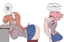 2girls ass breasts doki_doki_literature_club embarrassed female from huge_breasts huge_cock monika_(doki_doki_literature_club) natsuki_(doki_doki_literature_club) penis precum short_skirt side simple_background tagme thought_bubble unepicroachy