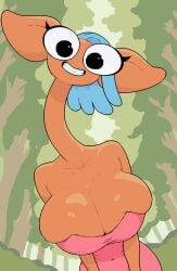 antelope anthro around_drum big_breasts blue_hair bovid breast_squish breasts centaurworld cleavage clothed clothing collarbone curvy_figure female gerenuk gerenuk_taur glendale_(centaurworld) grin hair hi_res huge_breasts long_neck looking_at_viewer mammal navel netflix pink_body smile smiling_at_viewer solo squish taur true_antelope