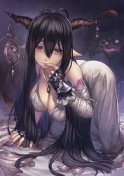 2015 armwear ass black_hair breasts cleavage clothing danua draph_race_(granblue_fantasy) dress ear elbow_gloves evening_gown female finger_fetish finger_in_mouth finger_play fingers gloves granblue_fantasy hair handwear high_resolution horn horned_humanoid humanoid humanoid_pointy_ears jewelry kneeling long_hair looking_at_viewer necklace pointed_ears red_eyes seductive simoshi solo