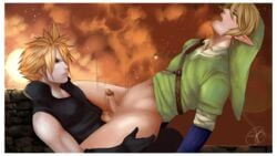 2boys anal blonde_hair blush bottomless cloud_strife crossover death_battle final_fantasy final_fantasy_vii gay link multiple_boys penis sex skyisfreedom small_penis super_smash_bros. tagme the_legend_of_zelda wince yaoi