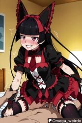 1girl1boy ai_generated arm_grab bed bedroom bedroom_sex black_hair blush breasts cowgirl_position dress female frilled_dress gate_-_jieitai_ka_no_chi_nite_kaku_tatakaeri gothic_lolita hair_ornament happy_sex horny_female indoors long_hair medium_breasts omega_weirdo patreon pink_eyes pussy_juice rory_mercury sex smile smiling smiling_at_partner straddling thighhighs