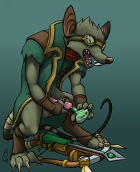 1boy anthro balls bottomless closed_eyes clothed clothing crossbow cum eyewear goggles gradient_background league_of_legends male male_only mammal penis ranged_weapon rat riot_games rodent sharp_teeth simple_background solo swizzlestix teeth twitch_(lol) video_games weapon