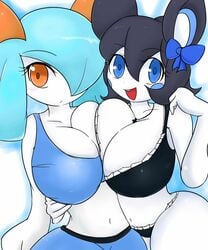 2015 anthro ass bailey_(kirbot12) big_breasts big_butt black_hair blue_eyes blue_hair blush bow bra breast_docking breast_squish breasts breasts_frottage cleavage clothed clothing cross duo emolga female hair hair_over_eye hair_ribbon hi_res hug huge_breasts huge_butt humanoid jewelry kirlia lingerie looking_at_viewer midriff navel necklace nintendo orange_eyes panties pokémon_(species) pokemon pokemon_(species) ribbons rui_(sugaru) shiny_pokemon shortstack skimpy smile sugaru thick_thighs underwear video_games voluptuous yuri