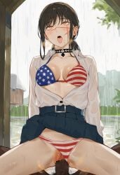 1girls ai_generated american_flag_bikini black_hair chainsaw_man cheating cheating_girlfriend choker dark-skinned_male demon demon_girl devil devil_girl female heroine interracial japanese_female light-skinned_female male mitaka_asa qos queen_of_spades queen_of_spades_symbol ringed_eyes scar scar_on_face school_uniform schoolgirl see-through_clothing spiral_eyes straight wet_clothes yoru_(chainsaw_man)