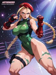 action action_pose ai_generated angry angry_face arena artoonizer attack beret big_ass big_breasts blonde_hair blue_eyes braid braided_hair cammy_white capcom chest_belt female fight gauntlets handwear highleg_leotard huge_breasts kicking leotard light-skinned_female light_skin long_hair muscular_legs muscular_thighs narrow_waist patreon patreon_username posing ripped_clothing scar scar_on_cheek scar_on_face solo solo_female solo_focus spread_legs street_fighter thick_thighs thigh_holster thighs twin_braids