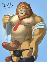 anthro balls bedroom_eyes boner bulge clothed clothing disney erection feline front_view half-closed_eyes humanoid_penis leodore_lionheart lion looking_at_viewer male male_only mammal mane musclegut navel necktie nipples open_clothes open_mouth open_shirt pants_down partially_clothed partially_retracted_foreskin pecs penis poking_out pubes reclamon seductive shirt signature smile solo standing thong uncut underwear underwear_pull undressing vein veiny_penis zootopia