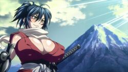 16:9_aspect_ratio blue_hair blush breasts brown_eyes cleavage clothing cloud erect_nipples female high_resolution huge_breasts katana kimono kunoichi large_breasts lens_flare long_hair manyuu_chifusa manyuu_hikenchou mountain ninja nipples ponytail robe scarf screen_capture short_kimono sky smile solo sword tied_hair traditional_clothes wafuku weapon