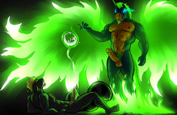 azzakel_(character) balls bgn black_fur blonde_hair blue_eyes blue_fur clenched_teeth cum cumshot duo equine erection facial_hair fur genital_piercing glowing glowing_eyes green_hair hair hands-free horn humanoid_penis magic male mammal nude onyx_(character) onyx_wasson onyxtanuki orange_fur orgasm penis penis_milking penis_piercing piercing pink_nose prince_albert_piercing pubes tanuki teeth uncut unicorn wings yaoi yellow_penis