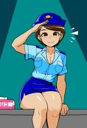 1girls 2d big_breasts blush breasts brown_eyes brown_hair cleavage clothed fukei_(jermaneels) game_cg hat jermaneels large_breasts looking_at_viewer pencil_skirt pixel_art police_hat police_uniform policewoman salute short_hair sitting skirt smile smiling strip_rock-paper-scissors_-_police_edition thick_thighs thighs tissue_box